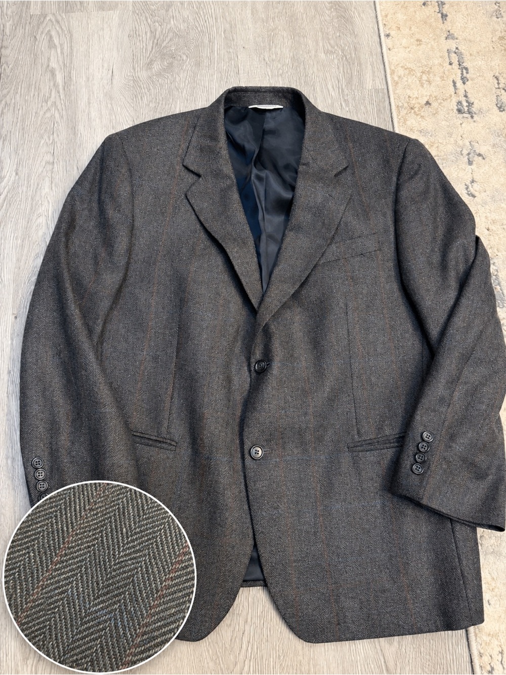 Joseph & Feiss 42S Gray Herringbone Blazer Jacket Blue/Red Windowpane Wool Tweed